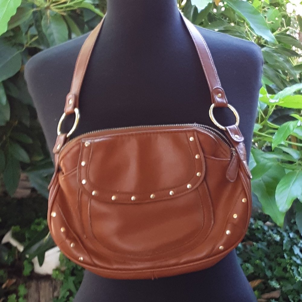 Purse Vintage AVON Short Strap Multiple Pockets Double Sided Studded Brown VG